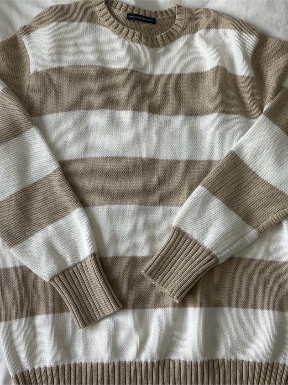 Brandy Melville Beige and White Striped Crewneck Sweater